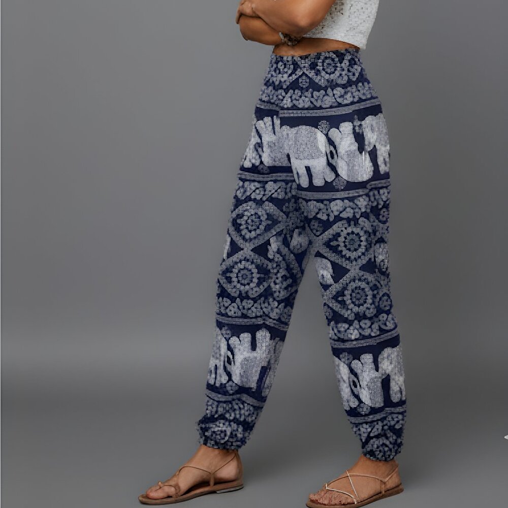 Boho Elephant Print Carrot Pants Blue